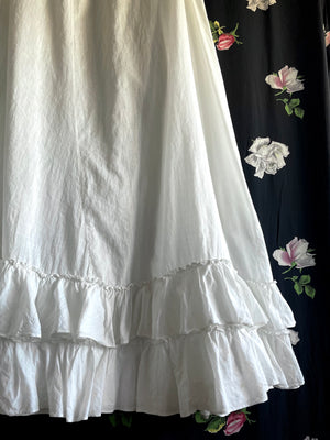 1900s White Cotton Skirt Petticoat Ruffle Hem Drawstring Ribbon Waist