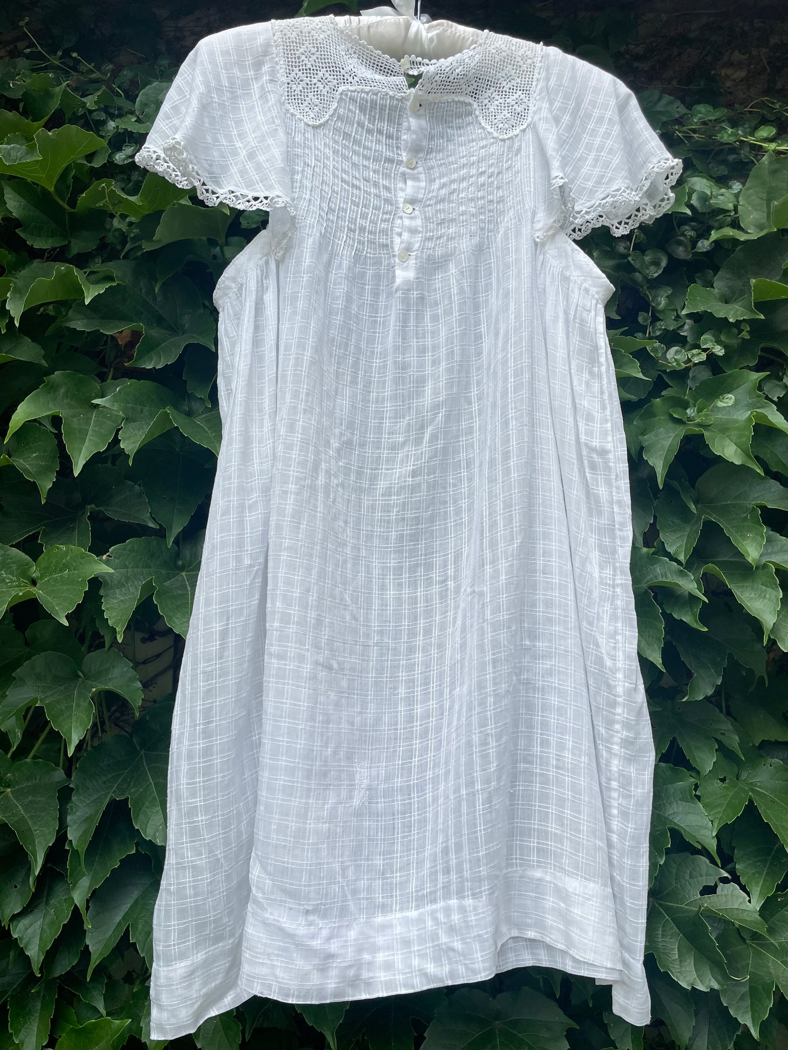 1920s White Cotton Windowpane Mini Dress Crochet Yoke