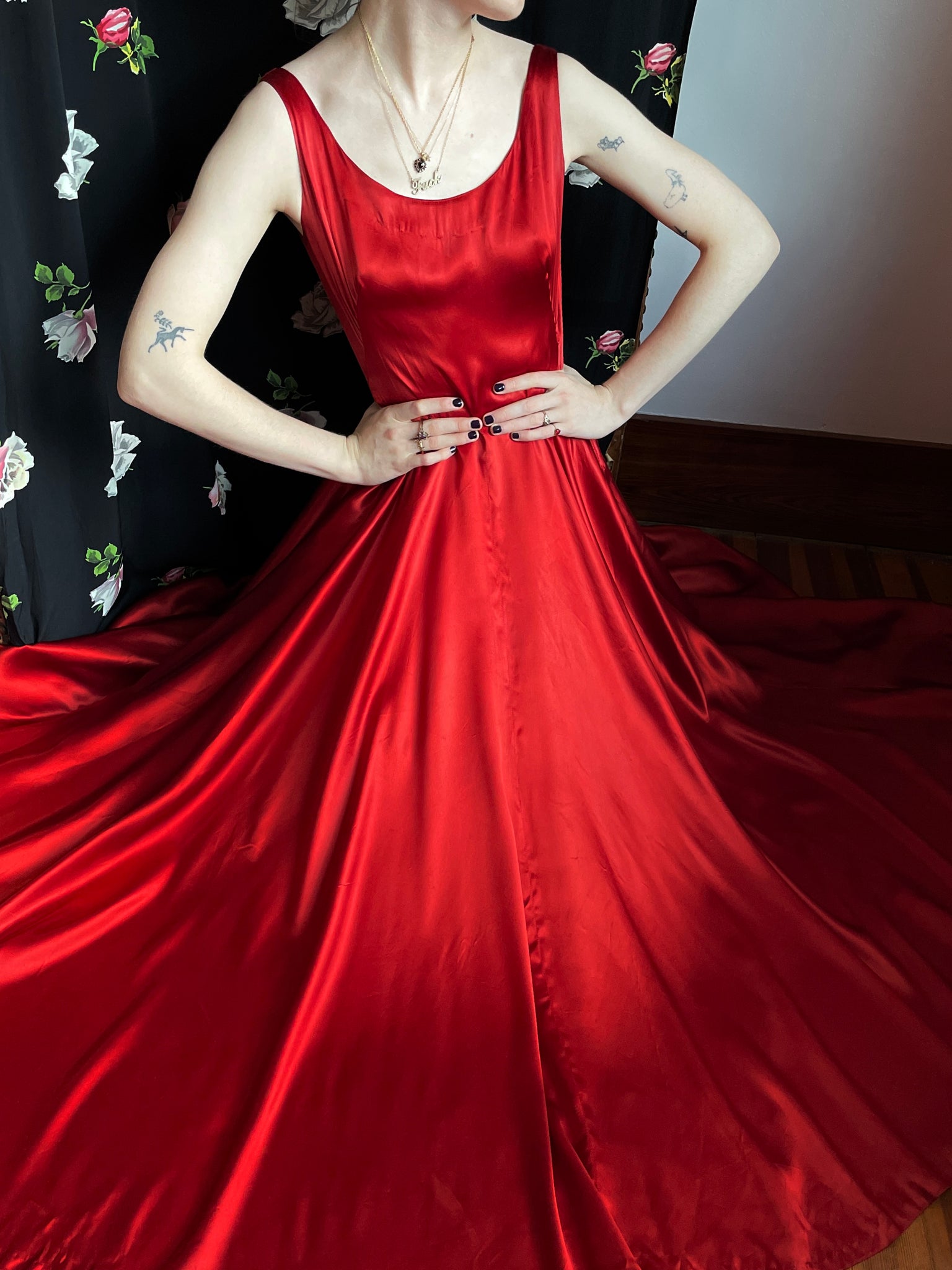 1950s Red Satin Dress Gown Full Circle