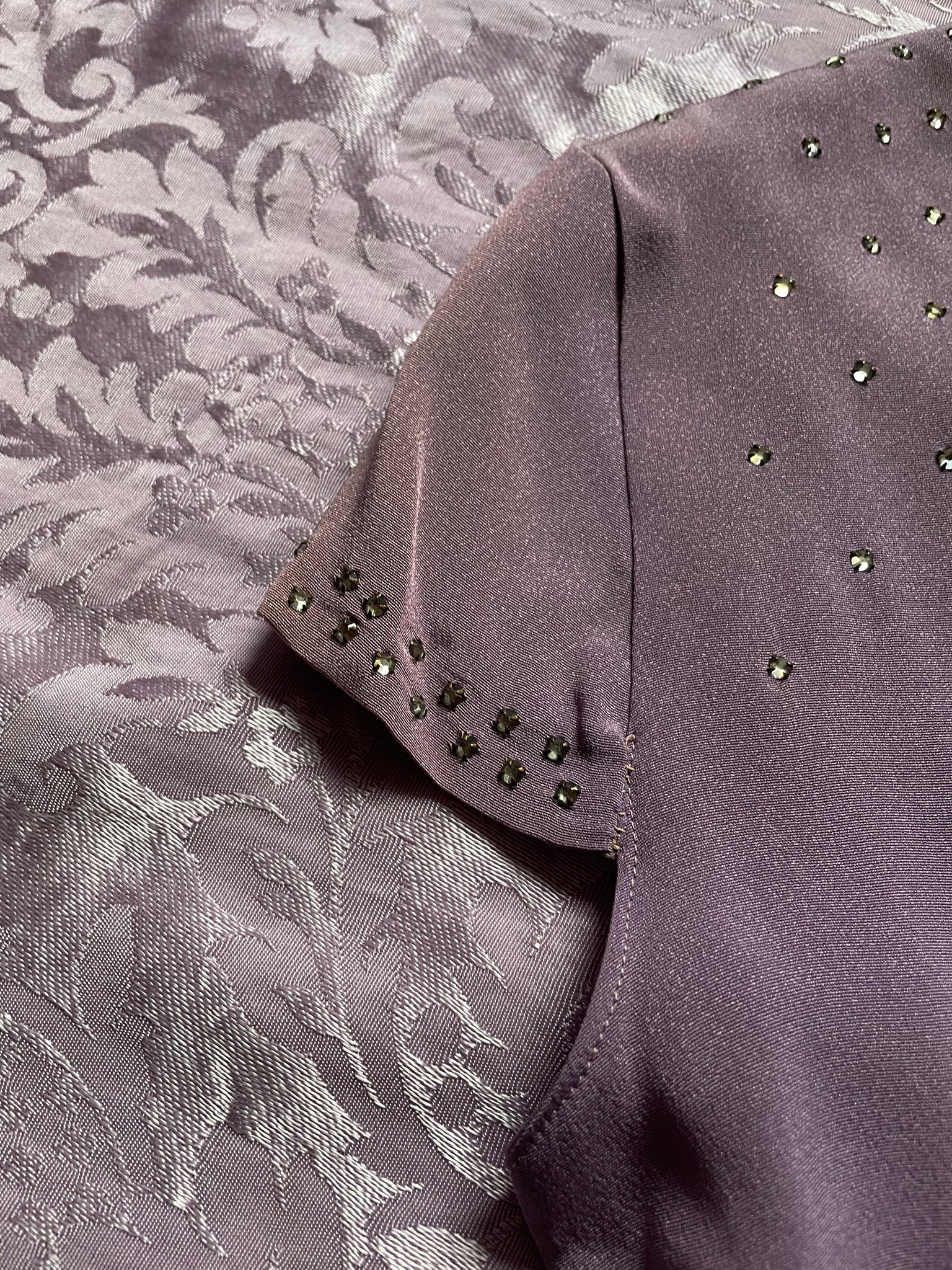 1940s Glass Rhinestone Rayon Crepe Light Purple Blouse Button Up Back