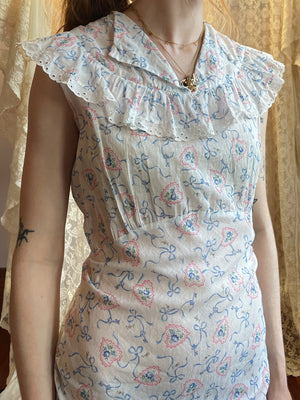 1930s Rose Heart Key Printed Cotton Bias Cut Slip Dress Eyelet White