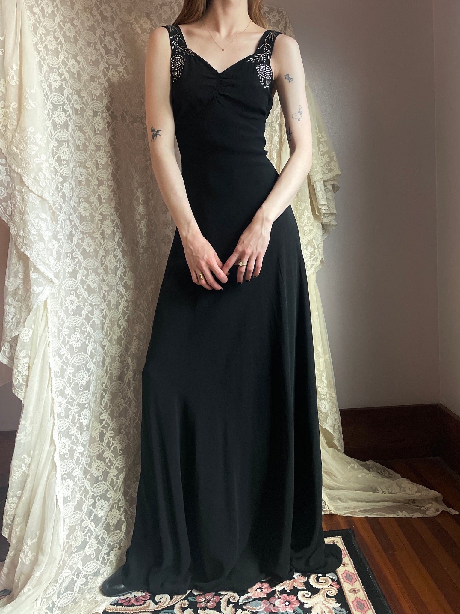 1930s Glass Rhinestone Black Rayon Crepe Gown Bias Cut Dress Sparkle