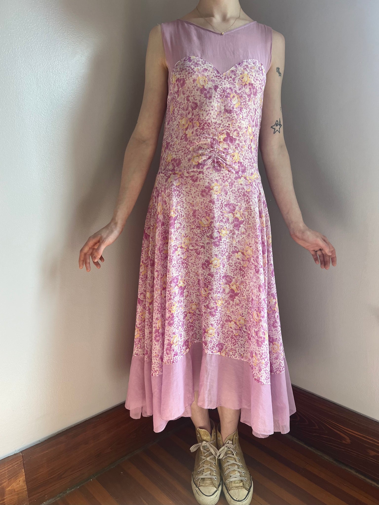 1930s Rose Floral Printed Cotton Bias Cut Dress Gown Bow Purple Yellow