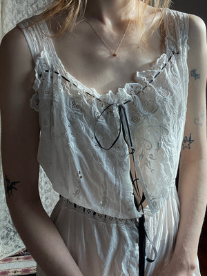 Antique Edwardian 1900s White Cotton Floral Embroidered Eyelet Black Ribbon Slip Dress