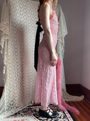 1930s Tambour Lace Embroidered Net Gown Bow Dress Dyed Pink