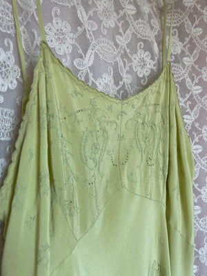 1930s Chartuese Green Silk Hand Embroidered Slip Dress