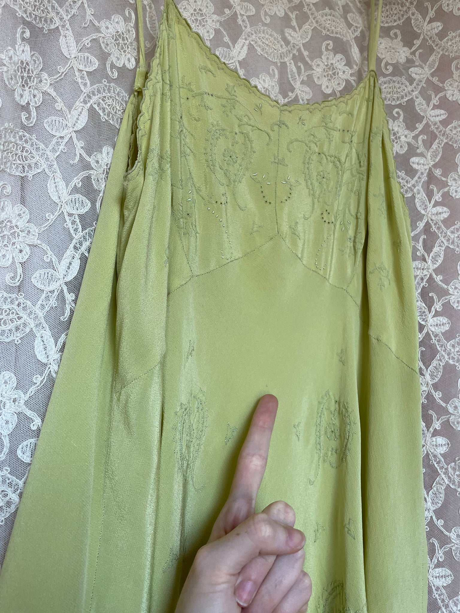 1930s Chartuese Green Silk Hand Embroidered Slip Dress