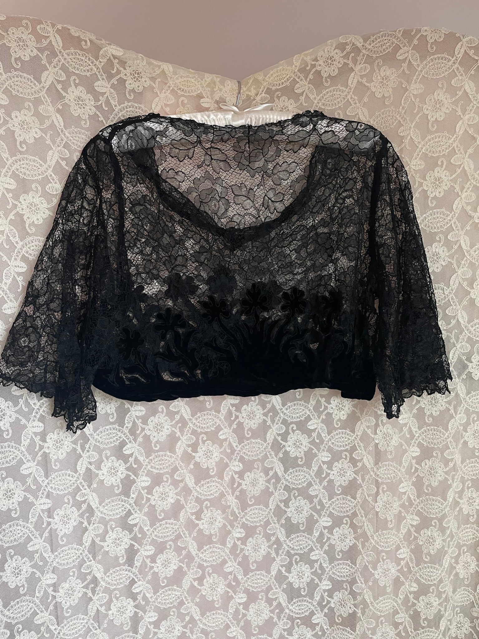 Vintage Black Applique and Lace Sheer Top Selected by Love Rocks Vintage