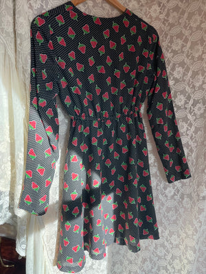 1970s Young Edwardian Strawberry Print Dotted Black Red Cotton Mini Dress