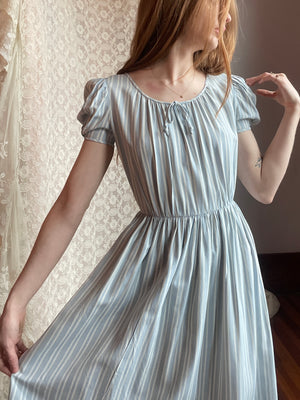 1940s Puff Sleeve Light Blue White Striped Dress