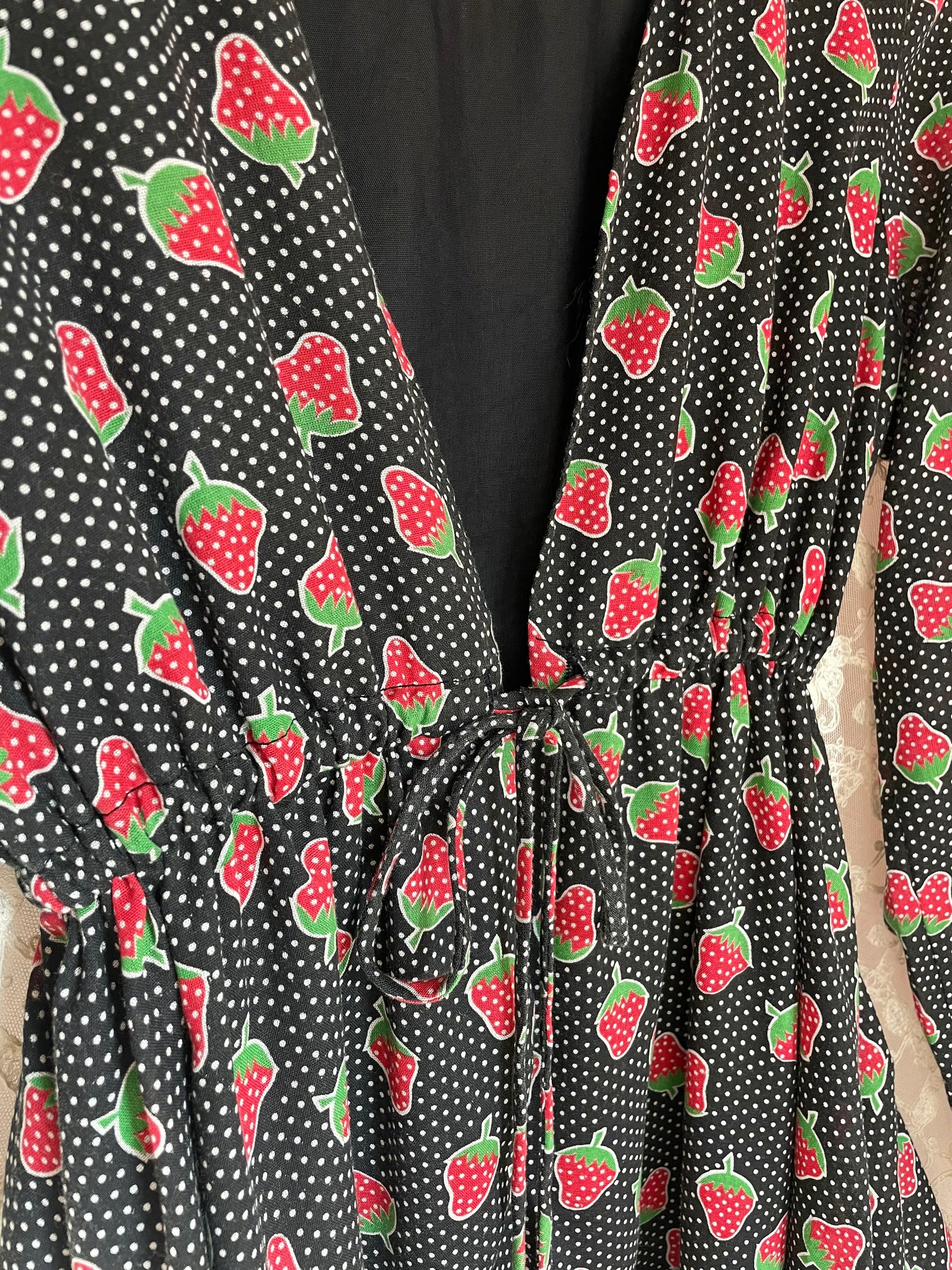 1970s Young Edwardian Strawberry Print Dotted Black Red Cotton Mini Dress