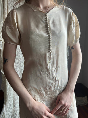 1930s Silk Floral Embroidered Mini Dress Cream Puff Sleeve Covered Buttons