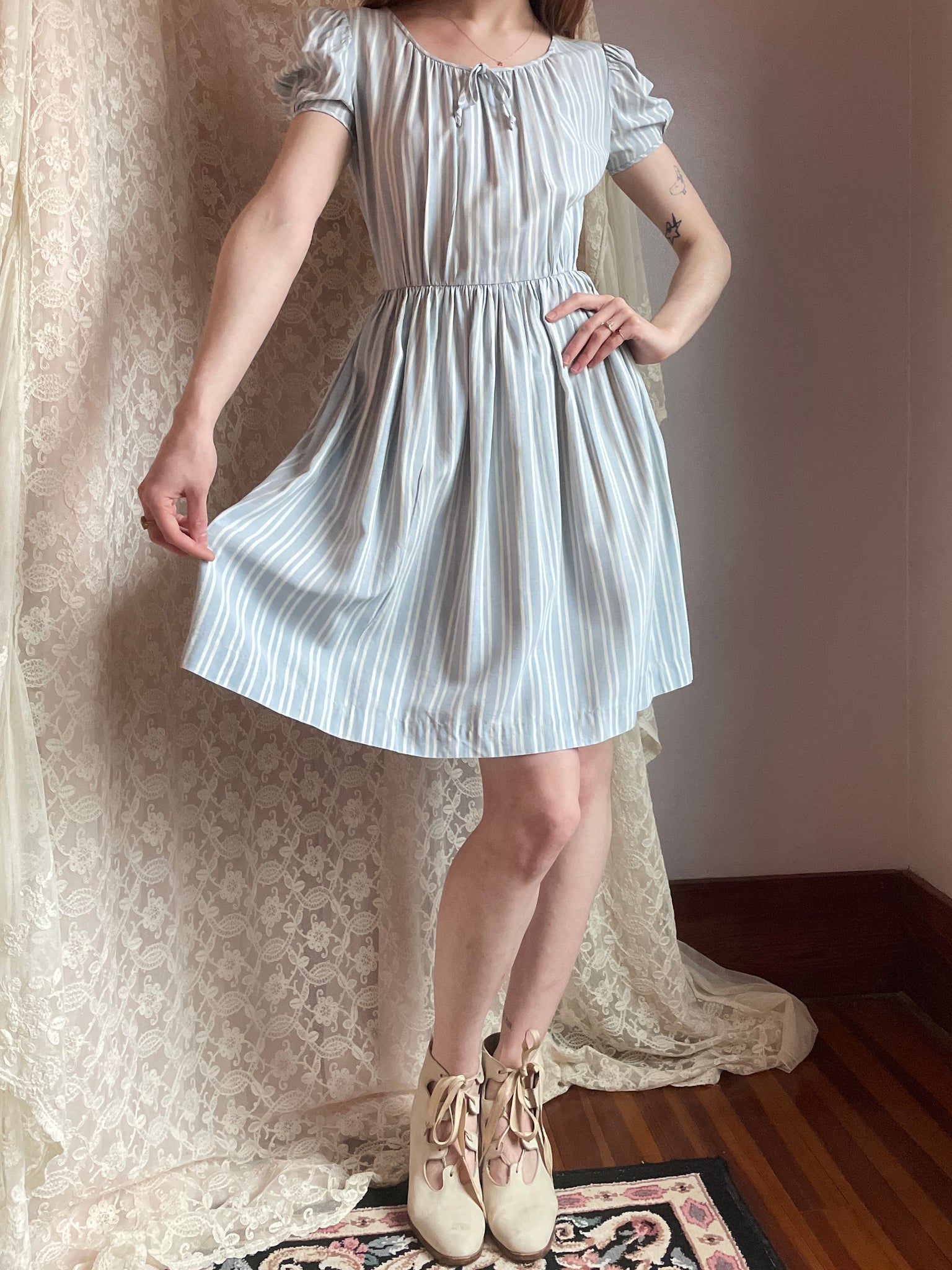 1940s Puff Sleeve Light Blue White Striped Dress