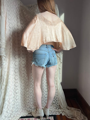 1930s Floral Brocade Peach Silk Lace Cape