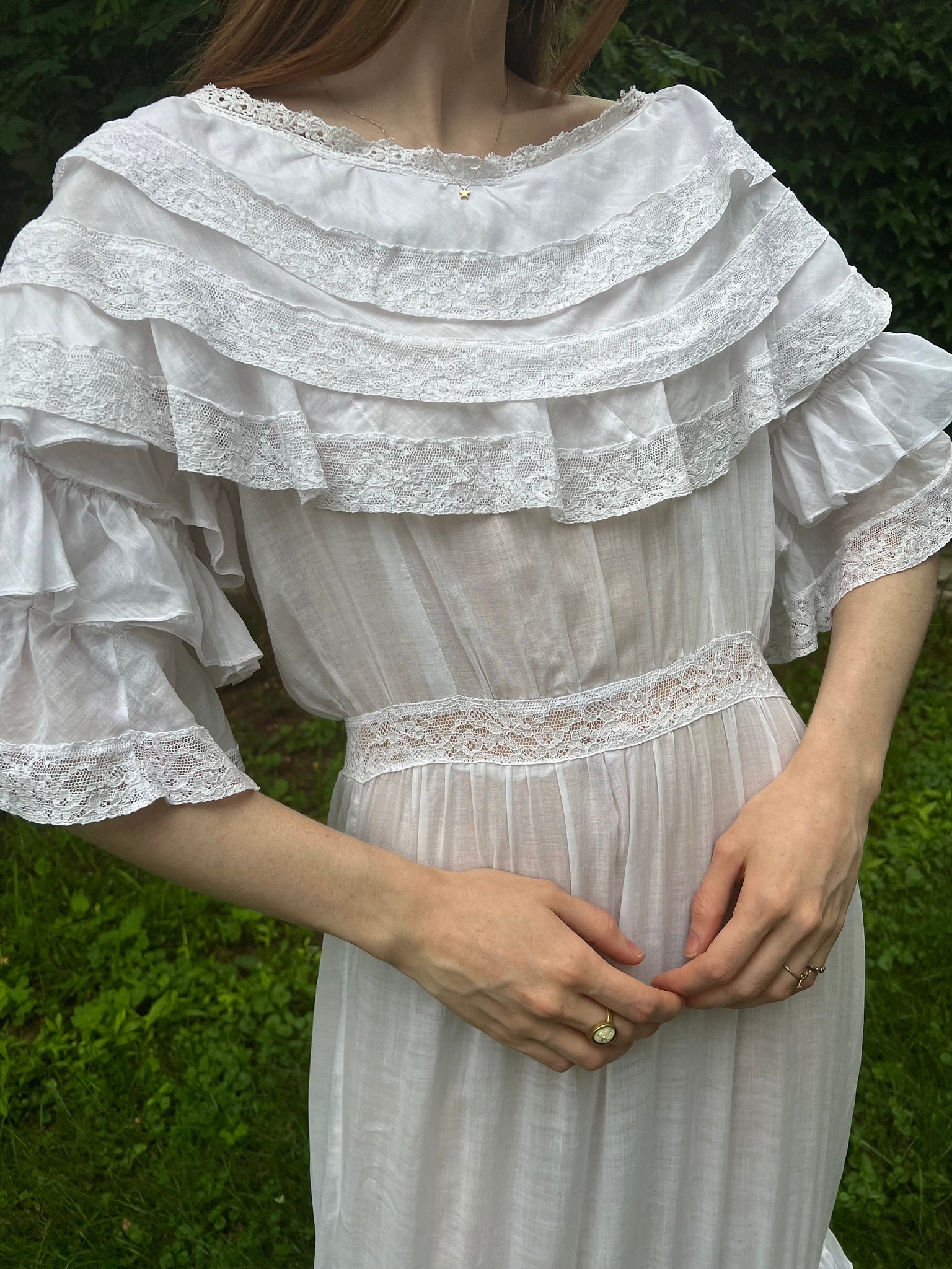 1910s White Cotton Ruffle Tiered Lace Dress