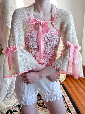 1940s Crochet Bolero Cardgian Cream Pink Ribbon Bow