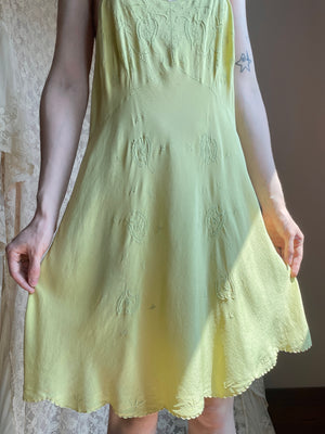 1930s Chartuese Green Silk Hand Embroidered Slip Dress