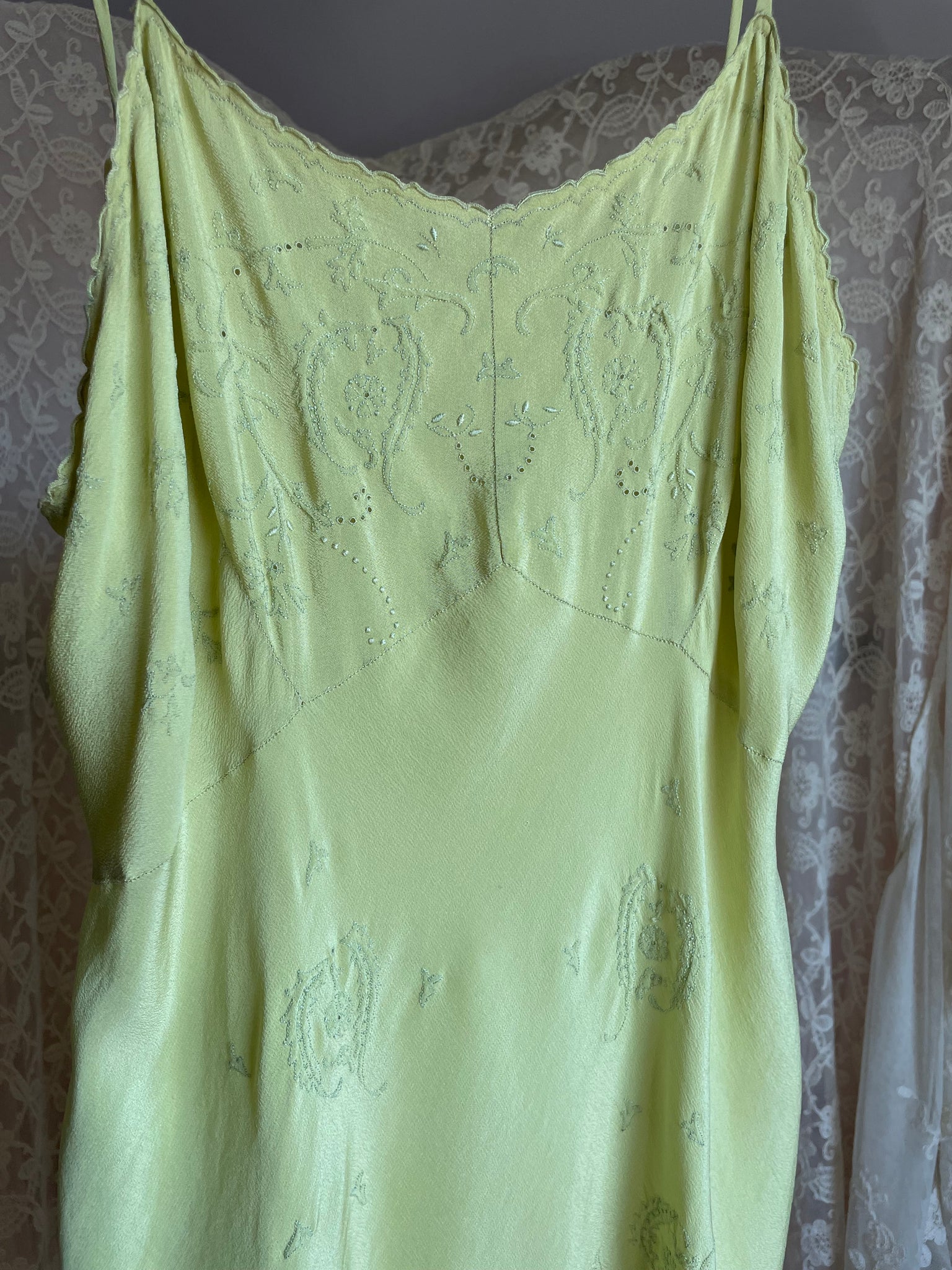 1930s Chartuese Green Silk Hand Embroidered Slip Dress