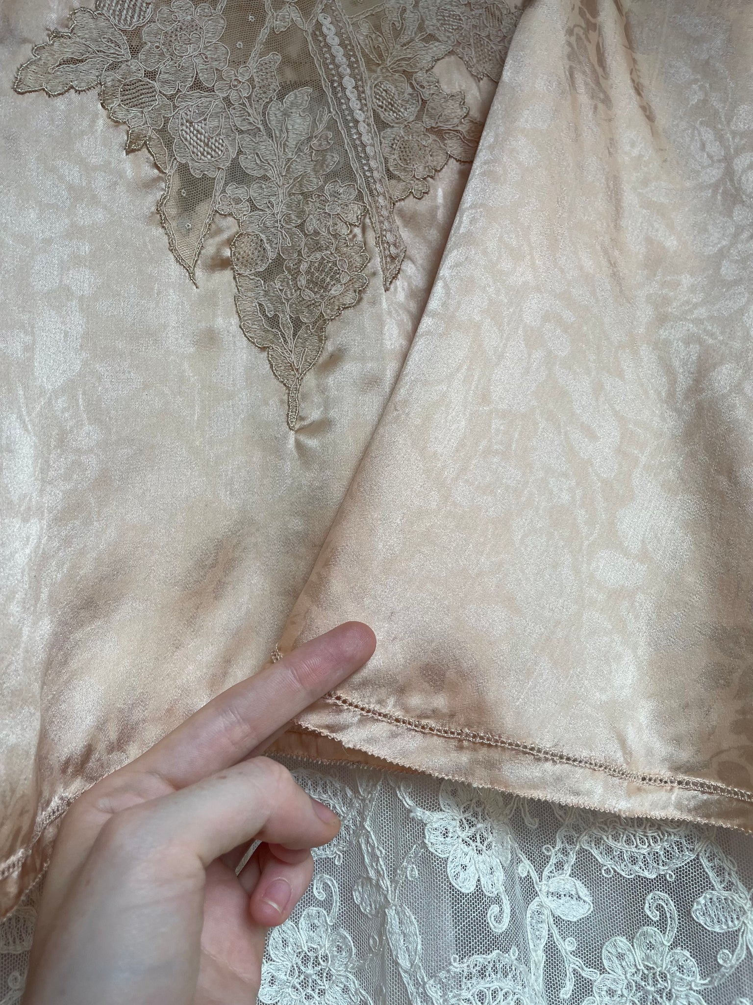 1930s Floral Brocade Peach Silk Lace Cape