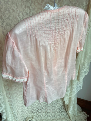 1940s Light Pink White Lace Ruffle Cotton Blouse