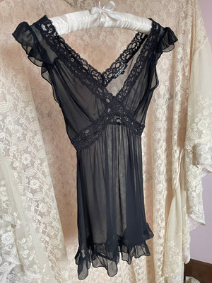 2000s Betsey Johnson SIlk Chiffon Black Mini Dress Lace Ruffle