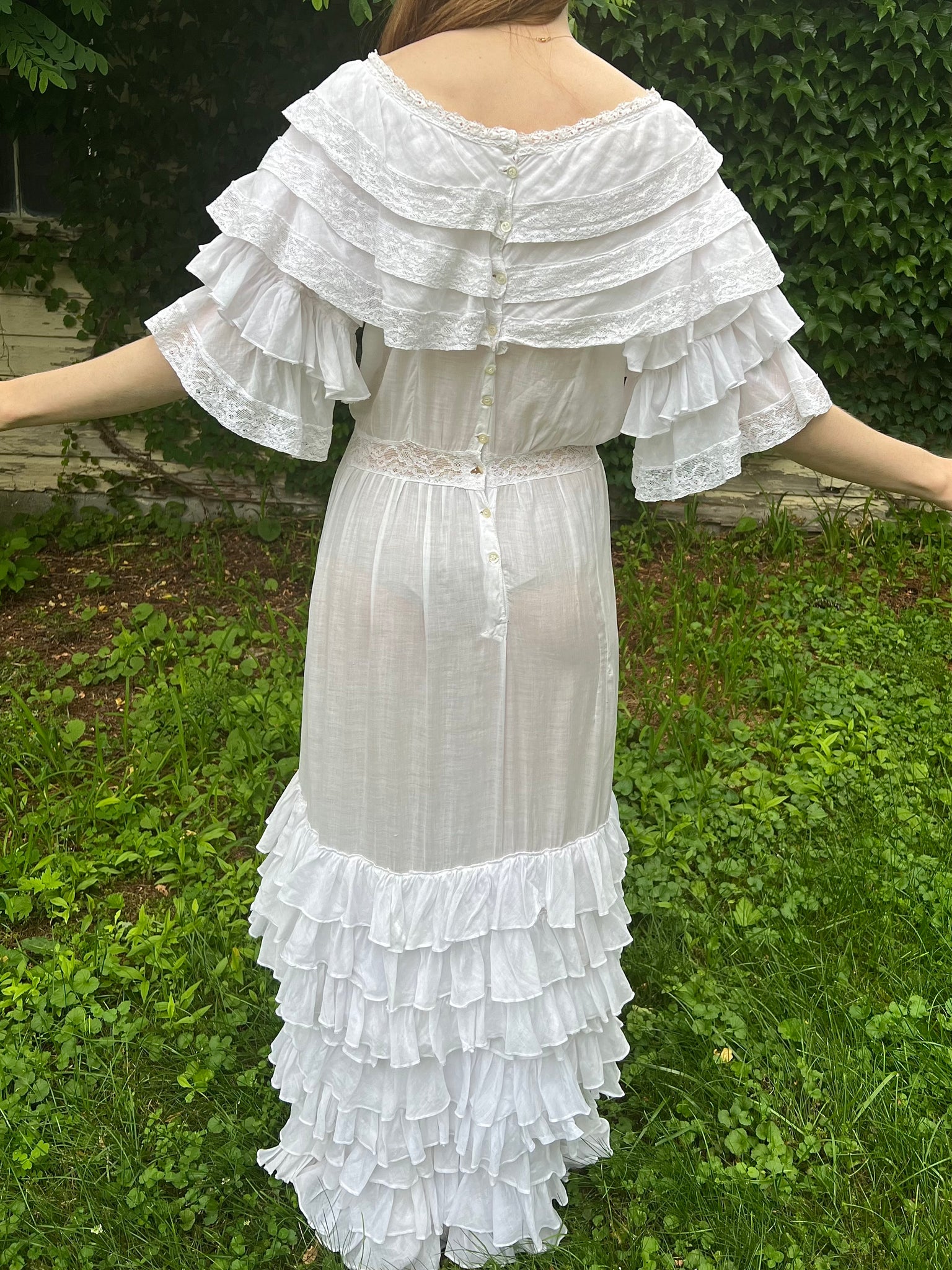 1910s White Cotton Ruffle Tiered Lace Dress