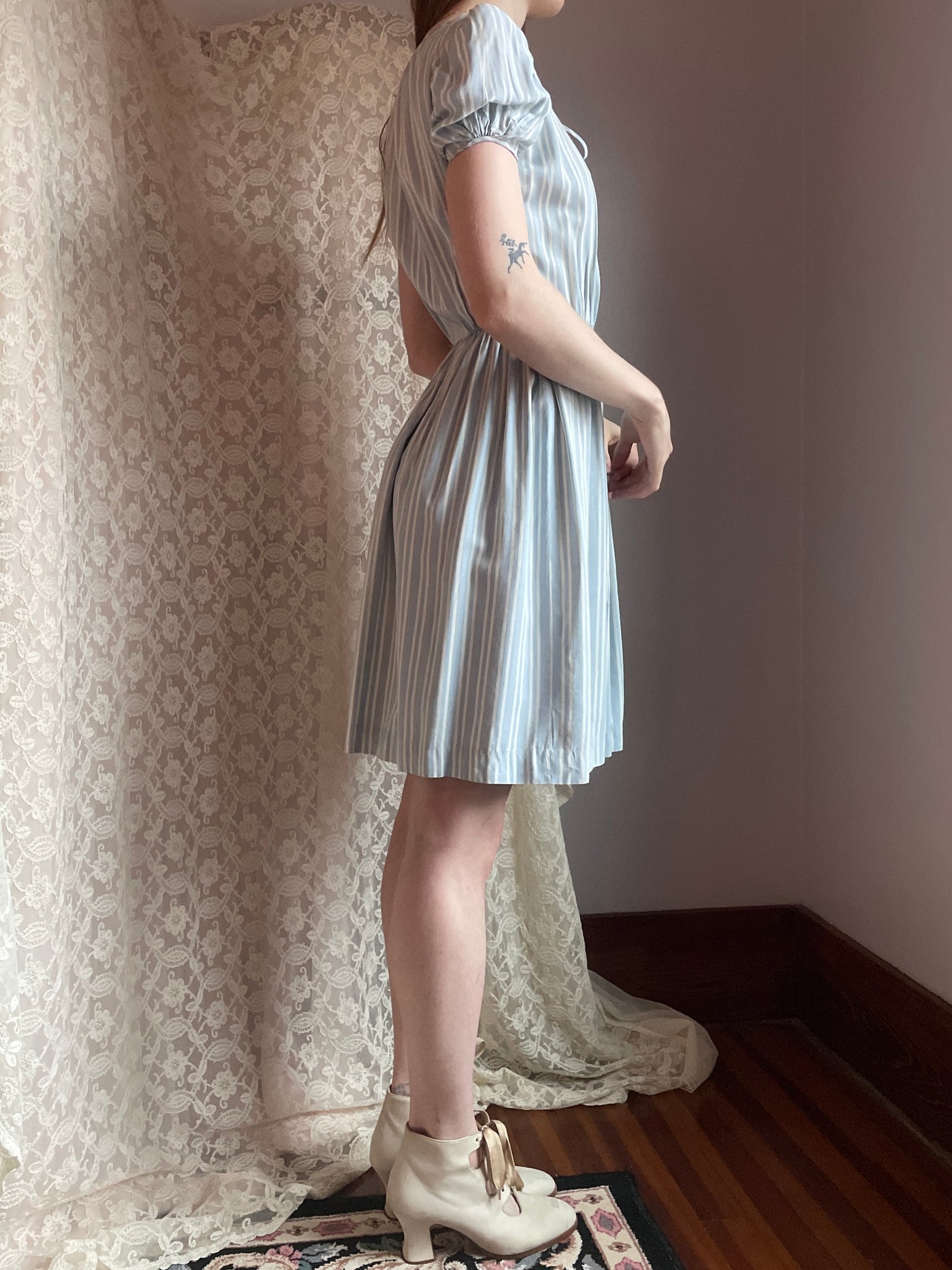 1940s Puff Sleeve Light Blue White Striped Dress