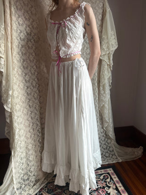 1900s White Cotton Skirt Petticoat Ruffle Hem Drawstring Ribbon Waist