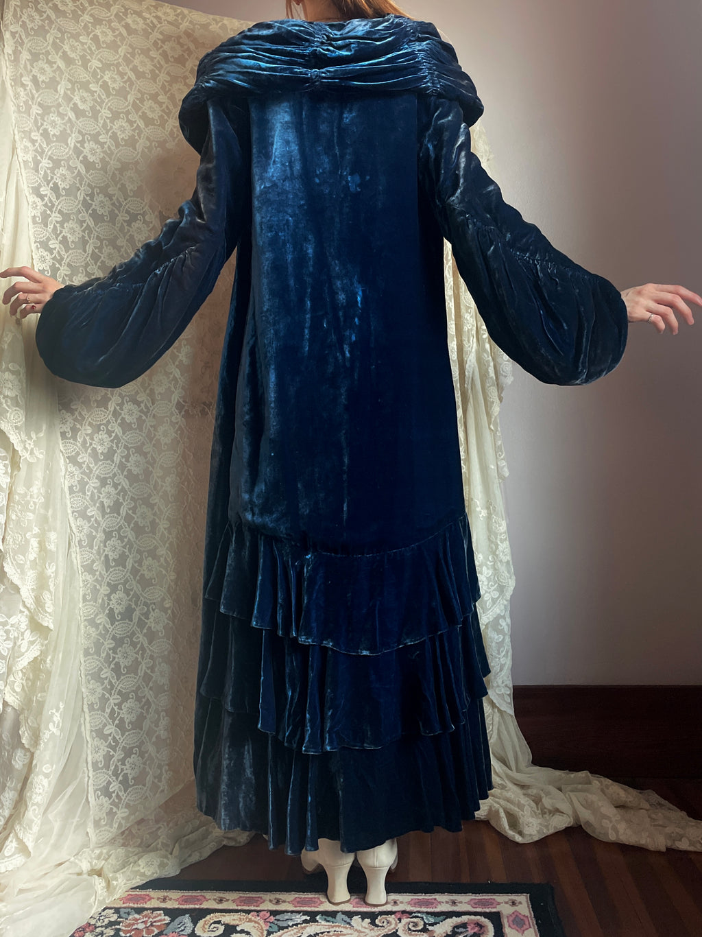 1930s Blue Silk Velvet Opera Coat Ruffle Hem Balloon Sleeve Ruching