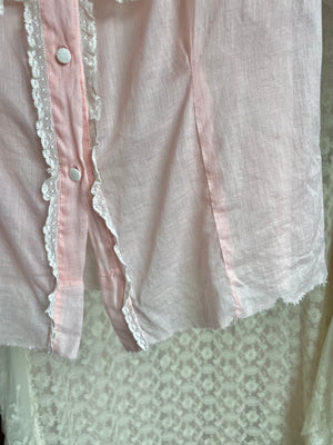 1940s Light Pink White Lace Ruffle Cotton Blouse