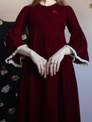 1970s Maroon Dark Red Velvet Maxi Dress Angel Sleeves Lace Trim Breath Of the Earth 1970s Maroon Dark Red Velvet Maxi Dress Angel Sleeves Lace Trim Breath Of the Earth