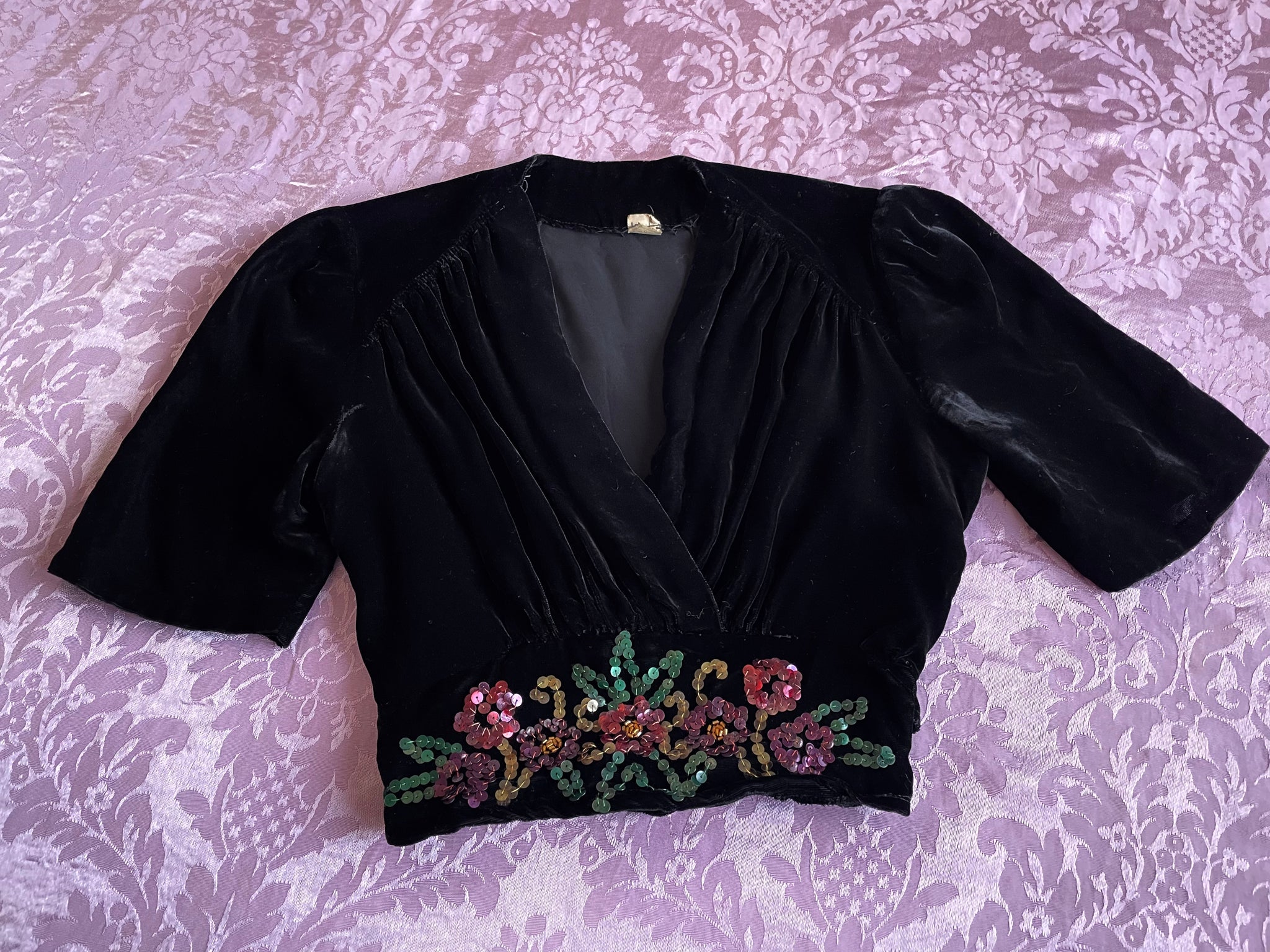 1940s Black Silk Velvet Cropped Blouse Sequin Flowers