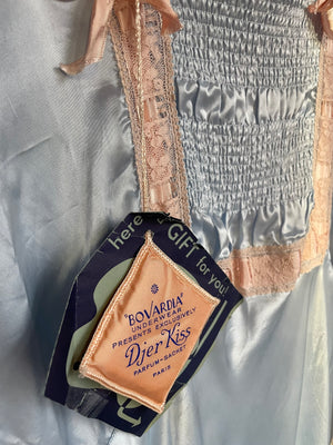 1940s Deadstock Light Blue Rayon Satin Cap Sleeve Pink Ribbon Bow  Bias Cut Dress