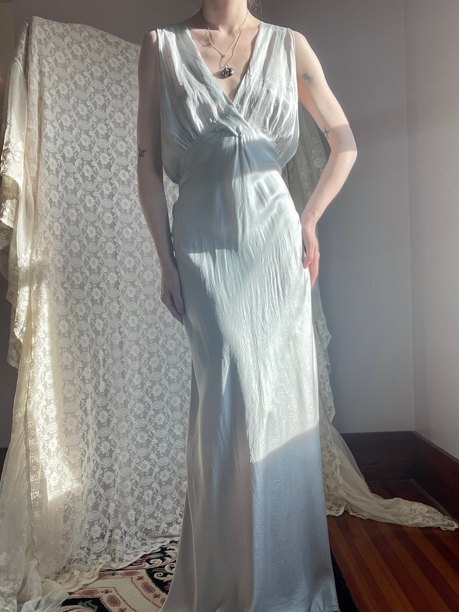 1940s Light Blue Bow Embroidered Silk and Rayon Bias Cut Slip Dress Ribbon Tie