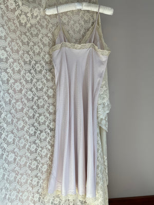 1940s Lilac Light Purple Dotted Brocade Bias Cut Rayon Satin Slip Dress Lace