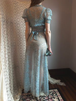 1930s Blue Tambour Lace Embroidered Net Gown Bow Dress Pink