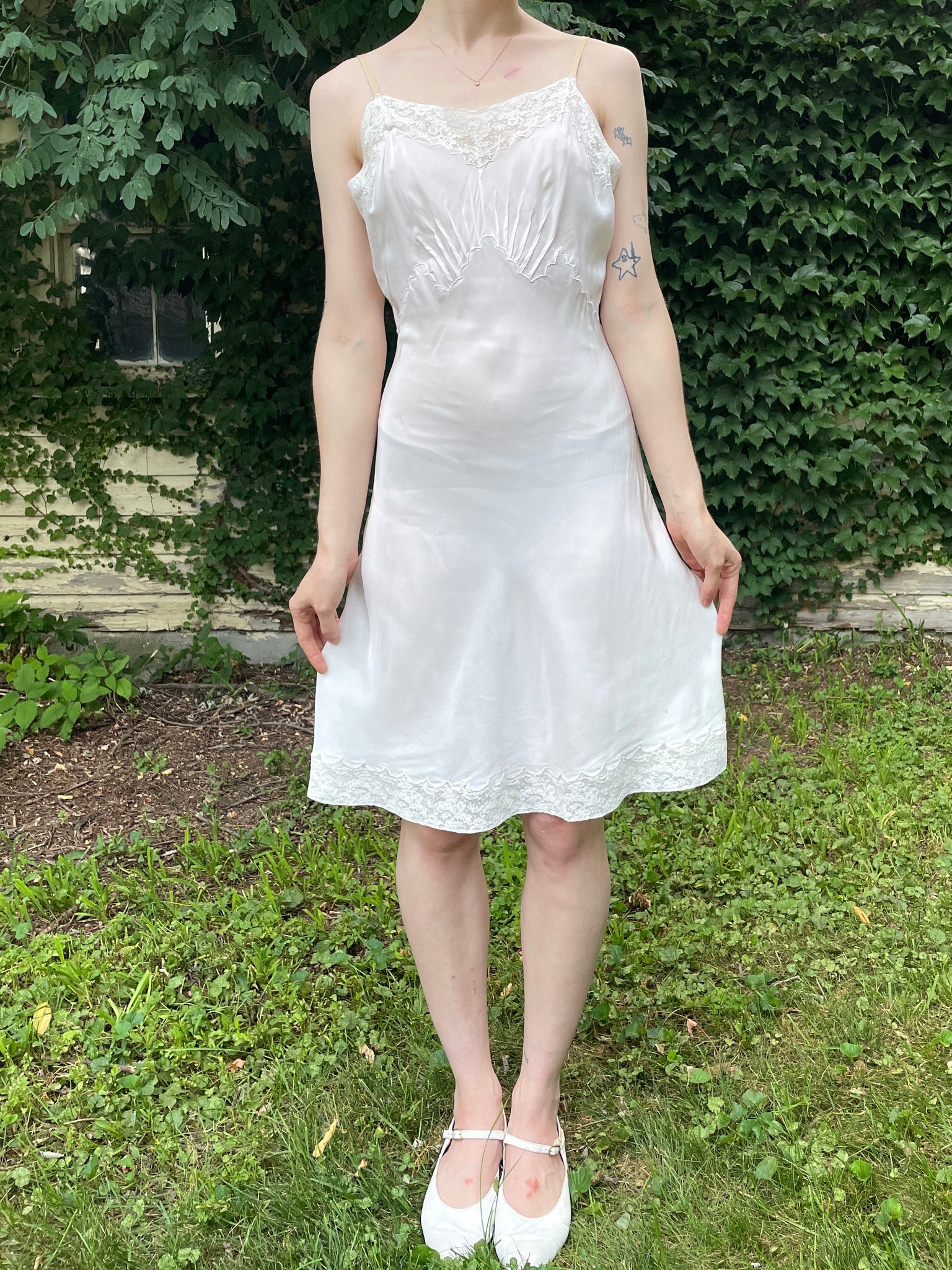 1940s White Rayon Bias Cut Slip Dress Scallop and Lace Breath Of the Earth 1940s White Rayon Bias Cut Slip Dress Scallop and Lace Breath Of the Earth