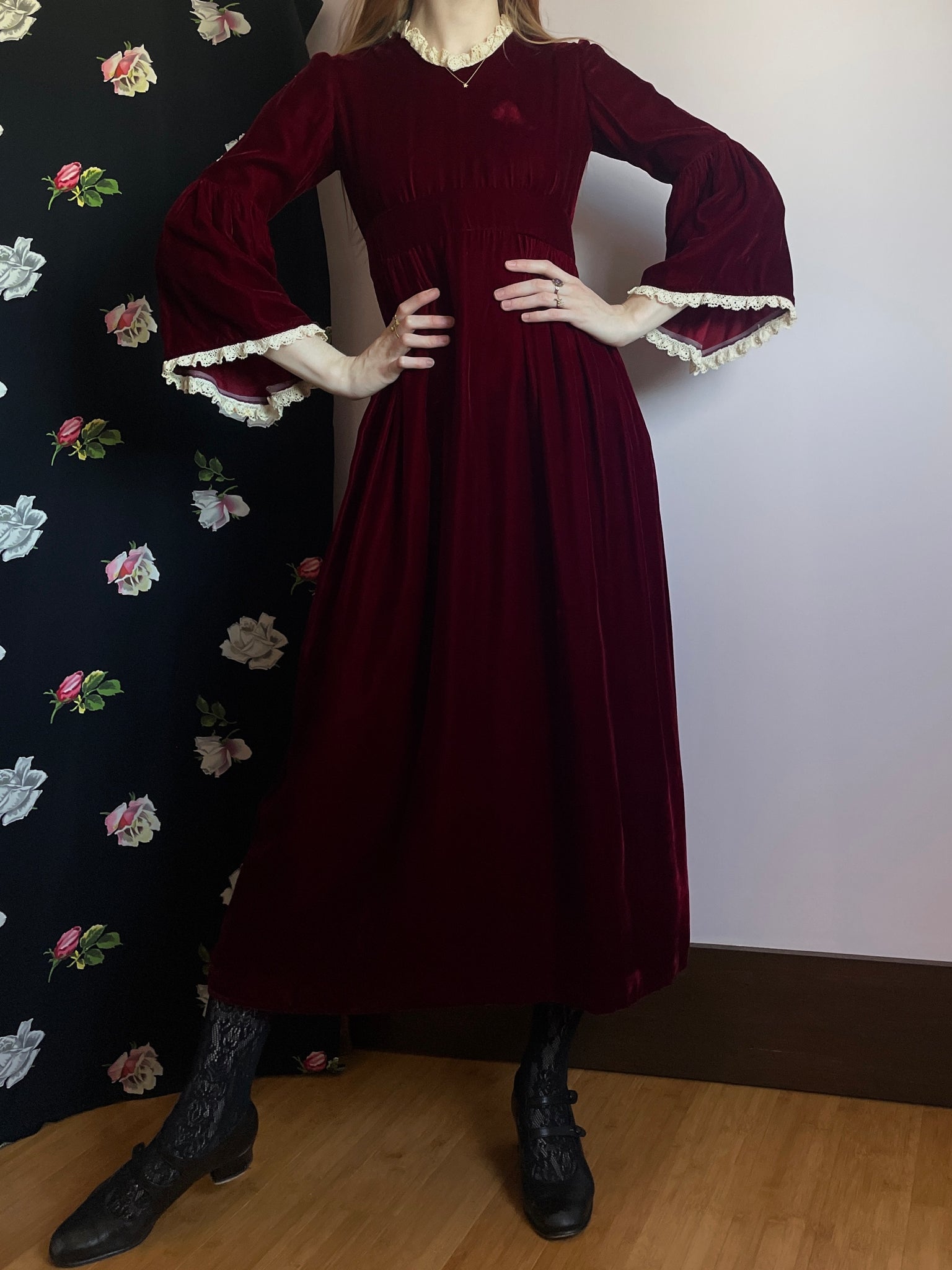 1970s Maroon Dark Red Velvet Maxi Dress Angel Sleeves Lace Trim Breath Of the Earth 1970s Maroon Dark Red Velvet Maxi Dress Angel Sleeves Lace Trim Breath Of the Earth