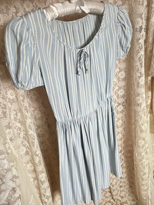 1940s Puff Sleeve Light Blue White Striped Dress