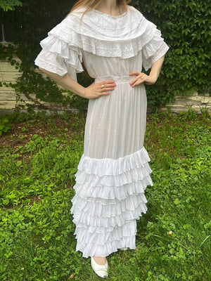 1910s White Cotton Ruffle Tiered Lace Dress