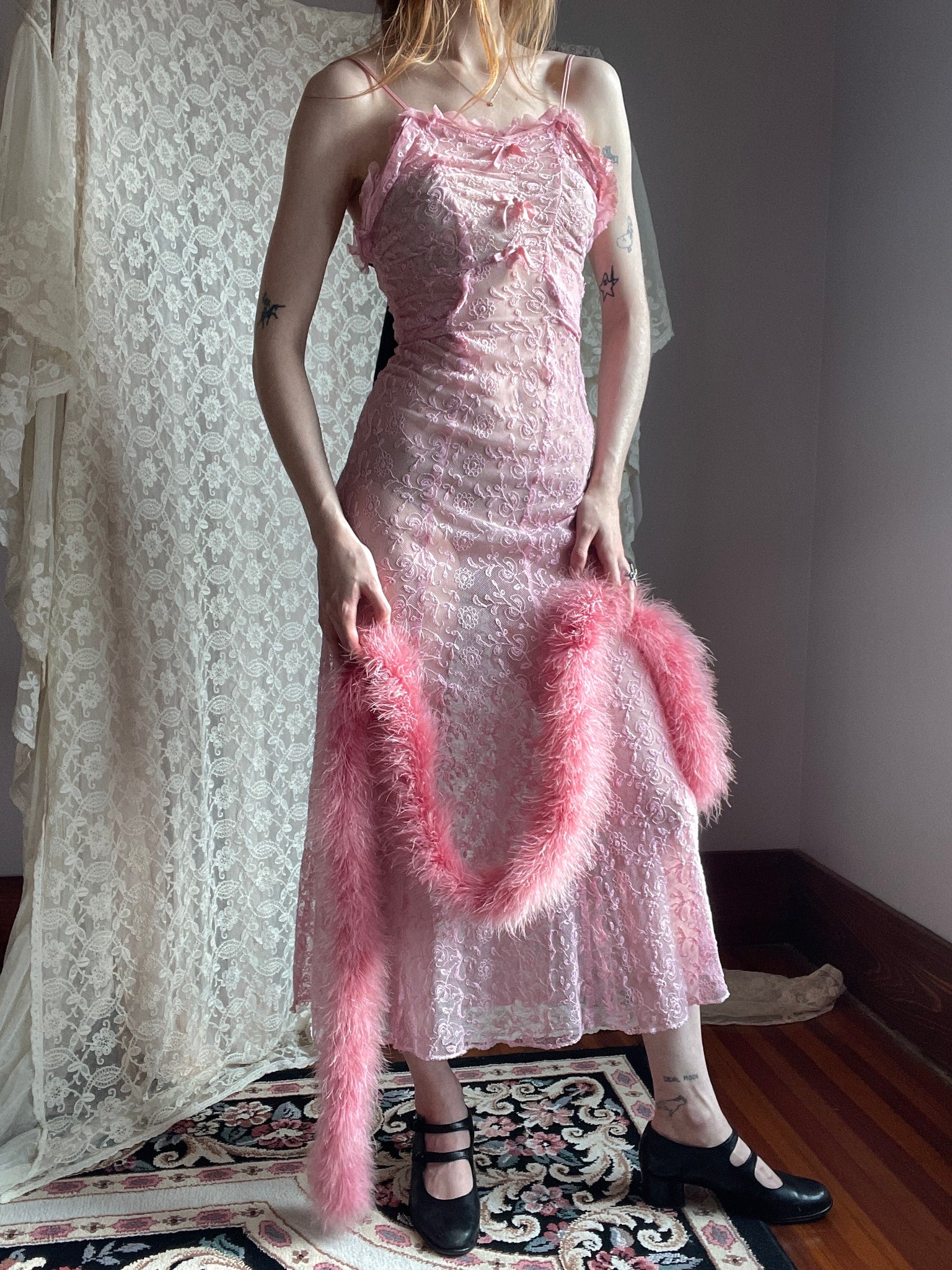 1930s Tambour Lace Embroidered Net Gown Bow Dress Dyed Pink