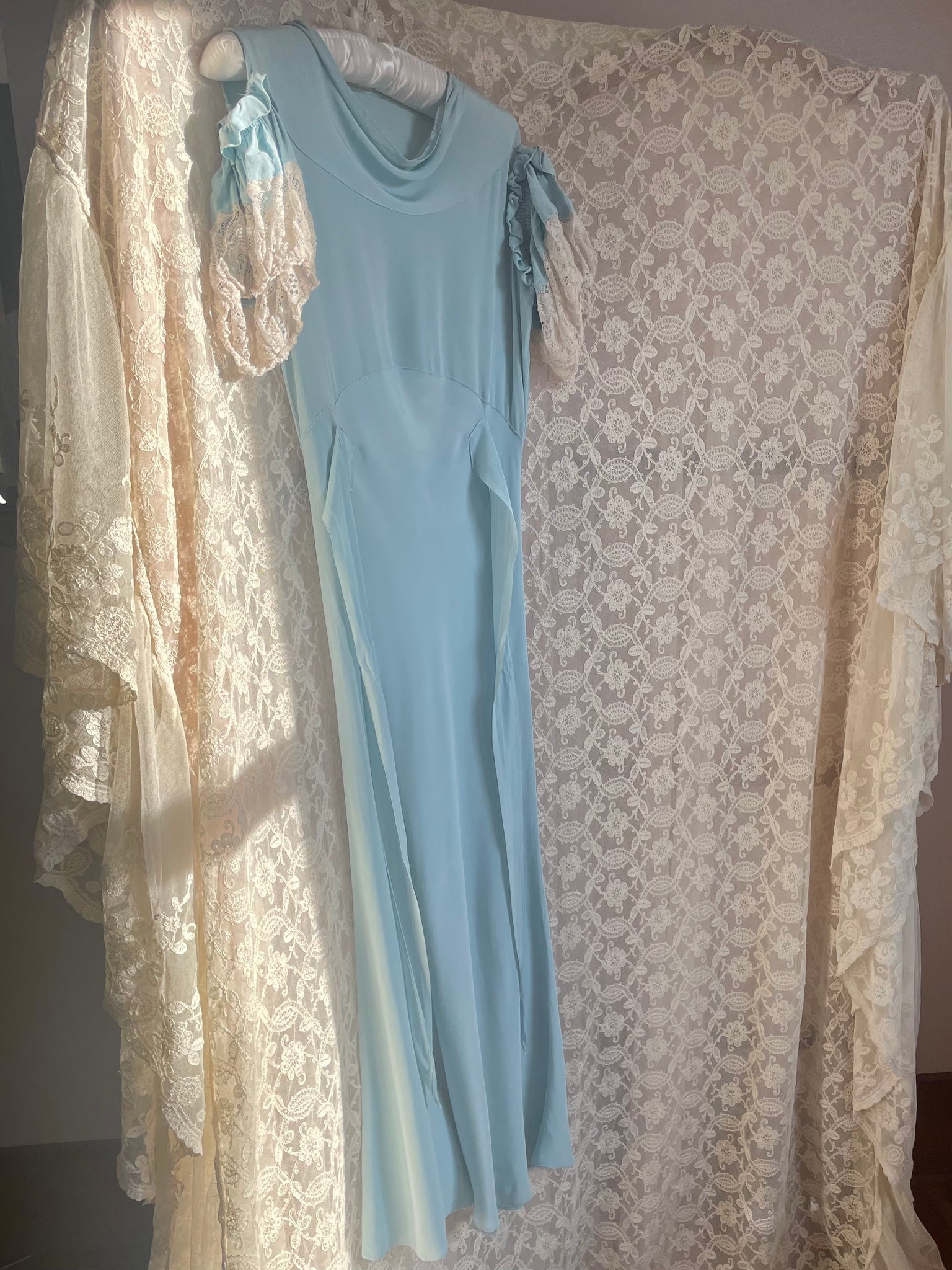 1930s Blue Rayon Crepe Dress Bias Cut Cold Shoulder Puff Sleeve