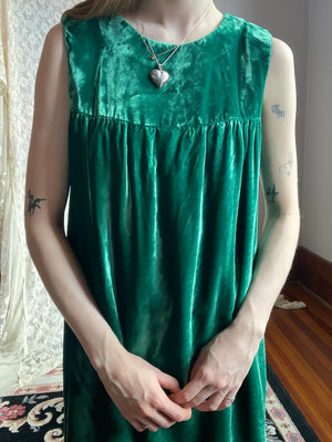 1970s Emerald Dark Green Crushed Velvet Dress Yoke