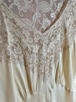 1930s Cream Silk Bias Cut Slip Dress Floral Appliqué