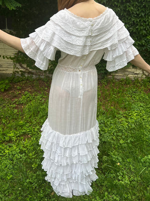 1910s White Cotton Ruffle Tiered Lace Dress