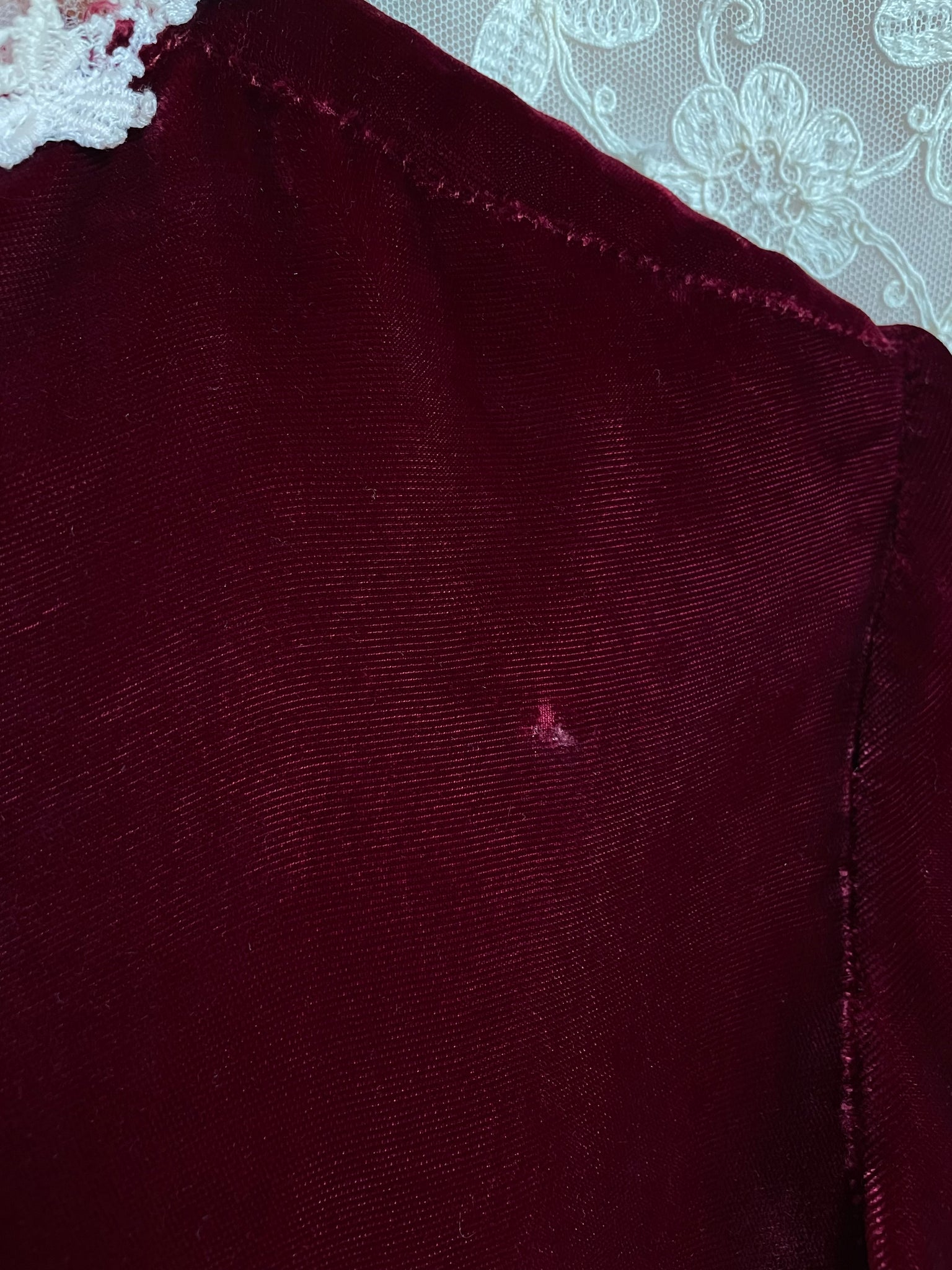 1970s Maroon Velvet Mini Dress Long Sleeves Cream Lace Trim
