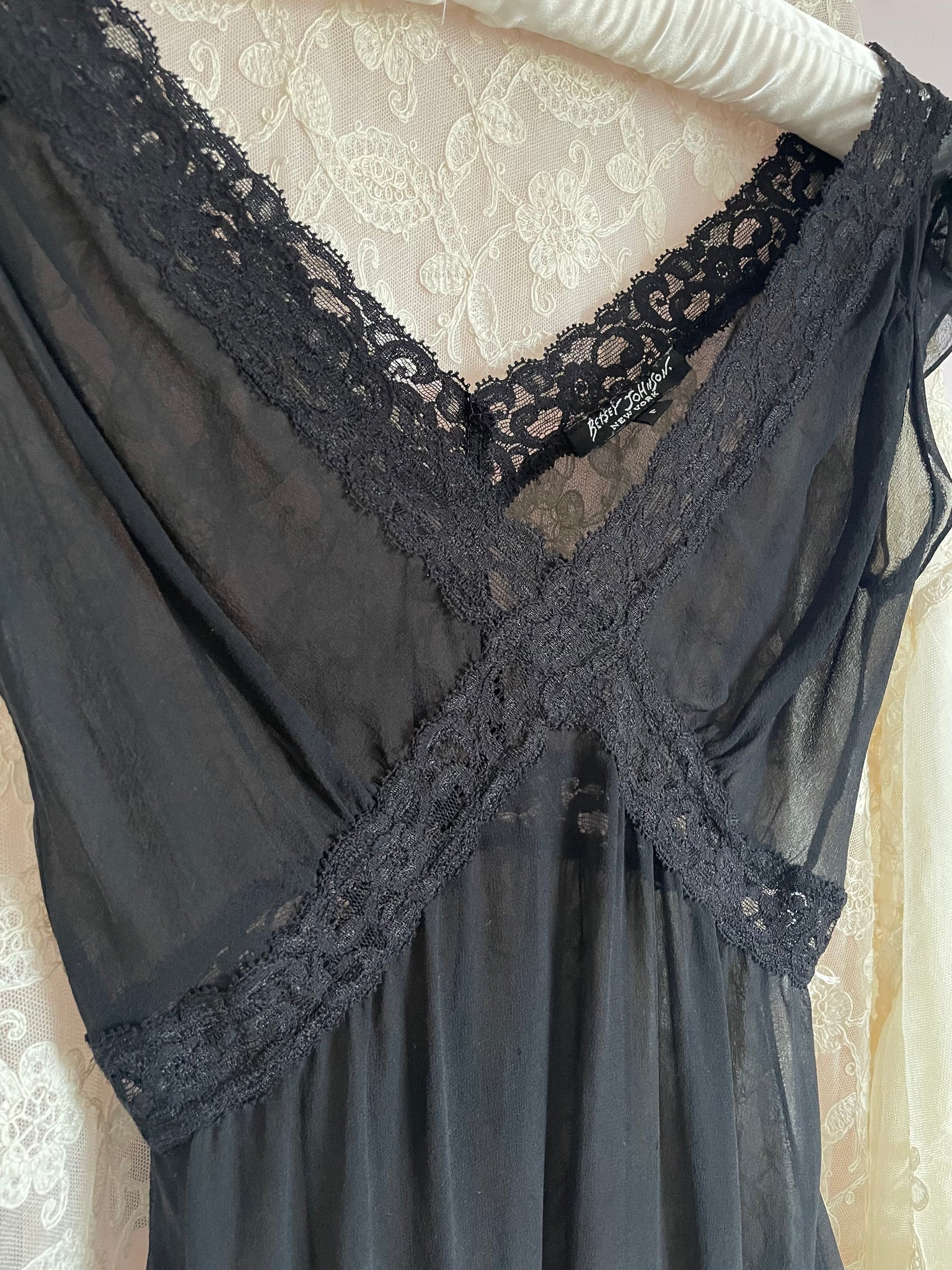 2000s Betsey Johnson SIlk Chiffon Black Mini Dress Lace Ruffle