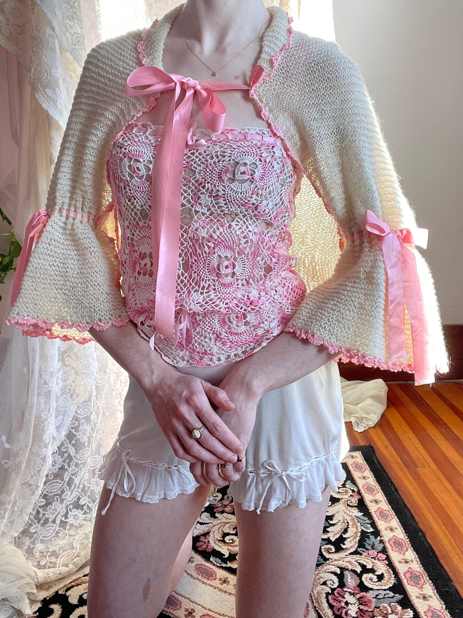 1940s Crochet Bolero Cardgian Cream Pink Ribbon Bow