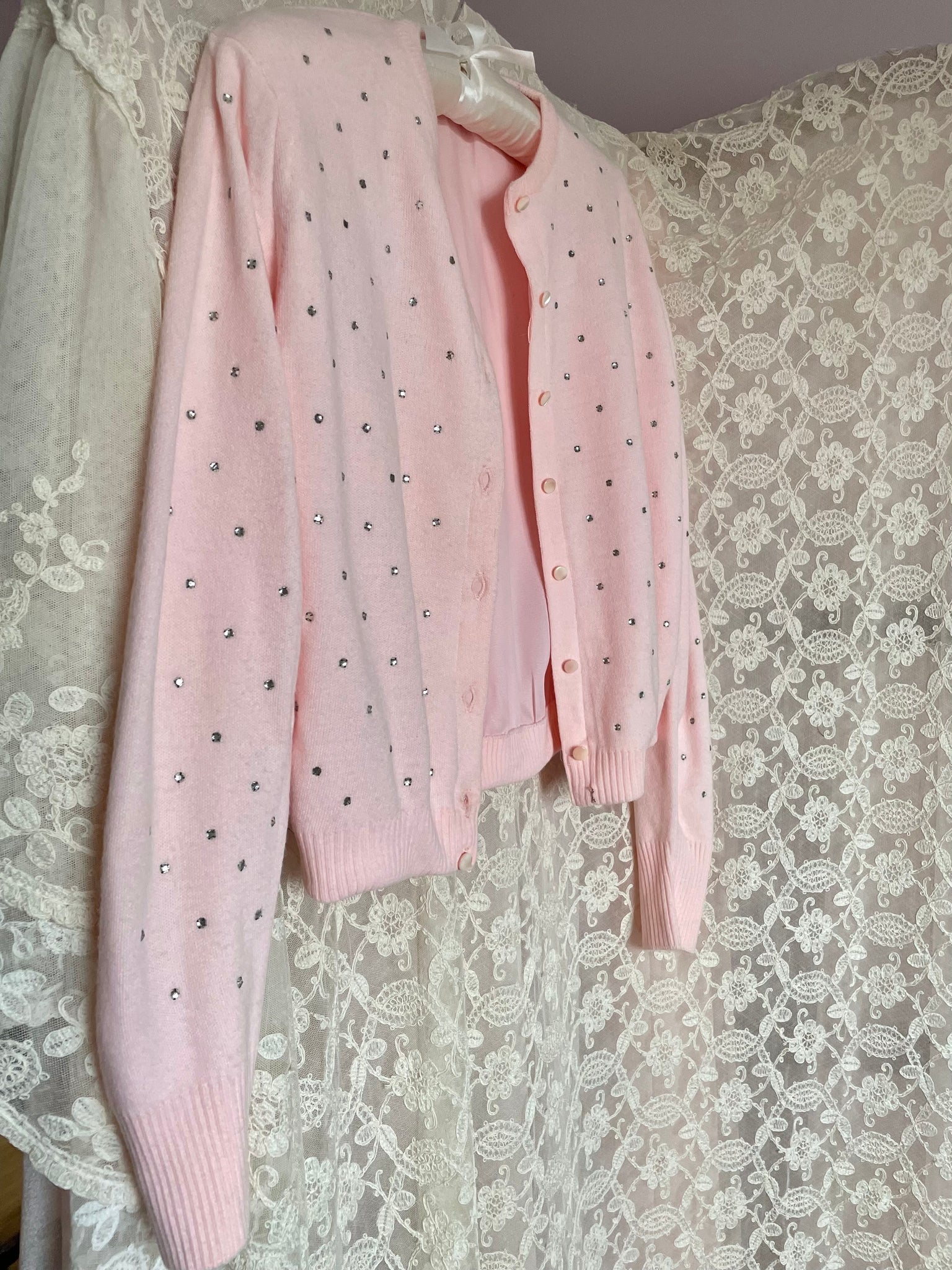 1950s Glass Rhinestone Sparkley Pink Cardigan