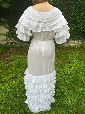 1910s White Cotton Ruffle Tiered Lace Dress